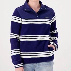 Land’s End Heritage Fleece Snap Neck Pullover Sz S Navy/Ivory Striped. NWT